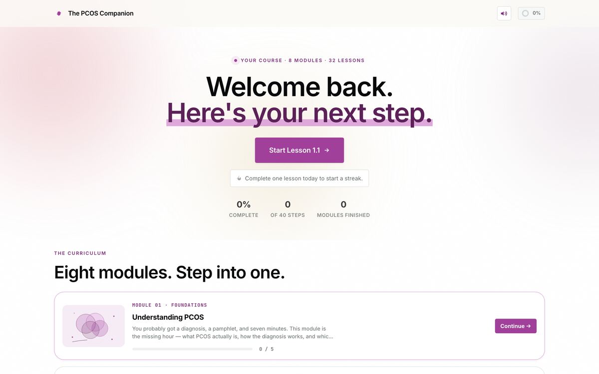 The included course running in a browser, showing its eight modules