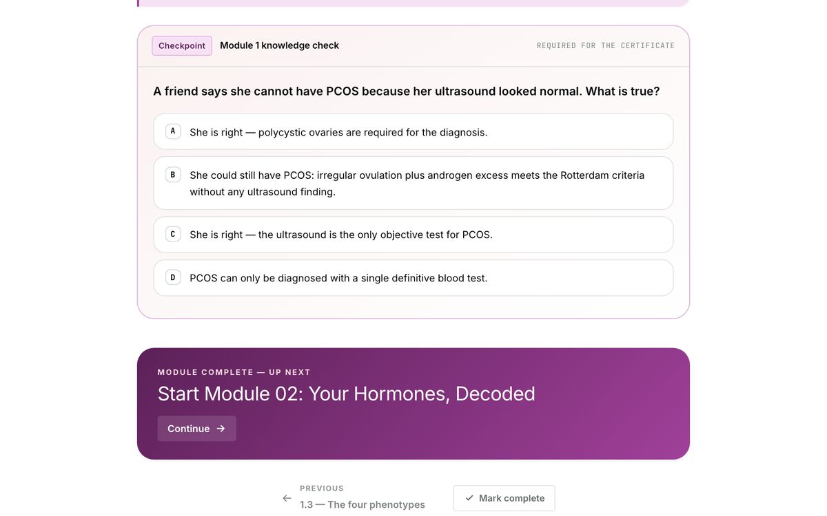 A checkpoint quiz inside a course lesson, with multiple-choice answers