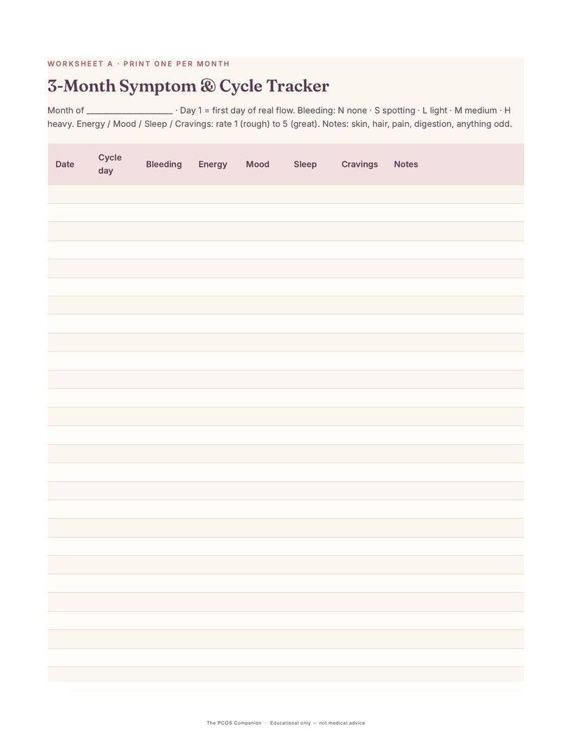 Printable three-month symptom and cycle tracker worksheet from the guide
