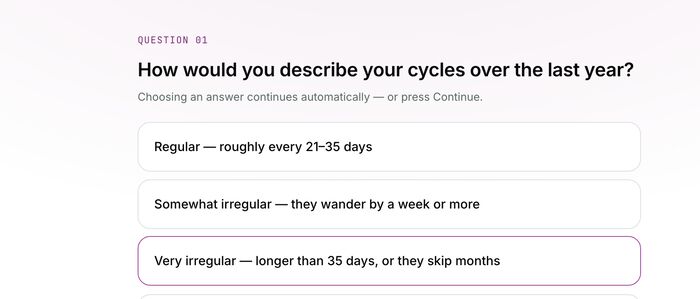 A question screen from the free PCOS symptom quiz